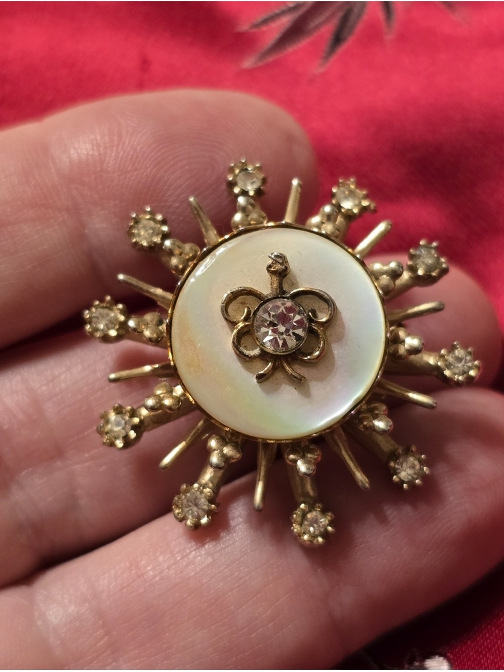 Gold-Tone Sunburst Brooch with Iridescent Mother-of-Pearl and Clear Crystal - Picture 5 of 6